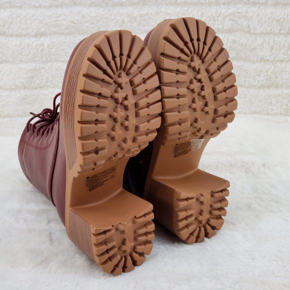 Light Weight Cherry Wine Wood Look Chunky Platform Combat Boots - Picture 10 of 10